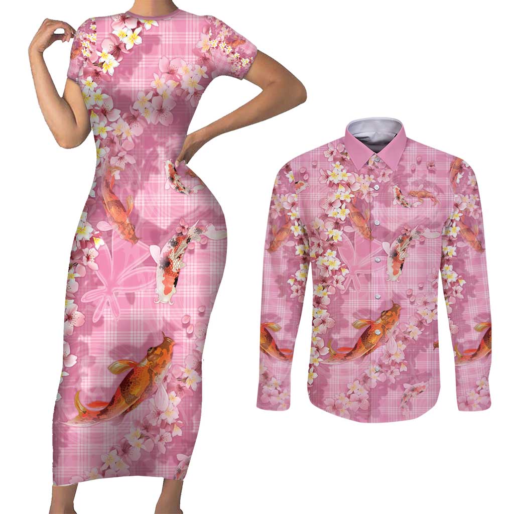 Pink Palaka Hawaiian And Japanese Couples Matching Short Sleeve Bodycon Dress and Long Sleeve Button Shirt Sakura Lei With Koi Fish - Polynesian Pride