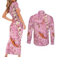 Pink Palaka Hawaiian And Japanese Couples Matching Short Sleeve Bodycon Dress and Long Sleeve Button Shirt Sakura Lei With Koi Fish - Polynesian Pride