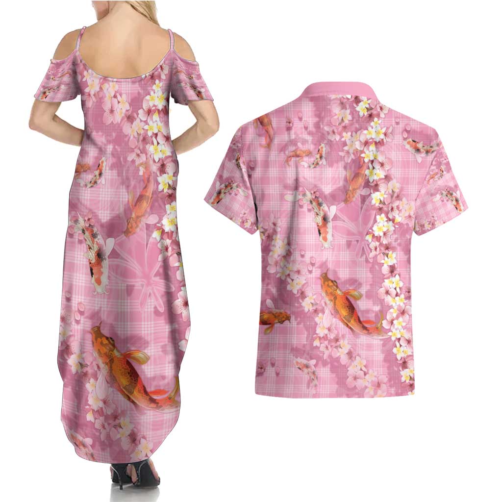 Pink Palaka Hawaiian And Japanese Couples Matching Summer Maxi Dress and Hawaiian Shirt Sakura Lei With Koi Fish - Polynesian Pride