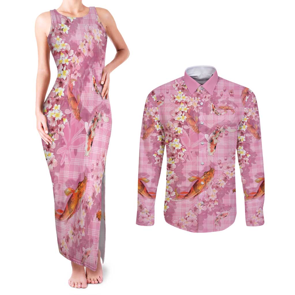 Pink Palaka Hawaiian And Japanese Couples Matching Tank Maxi Dress and Long Sleeve Button Shirt Sakura Lei With Koi Fish - Polynesian Pride