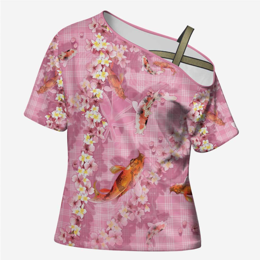 Pink Palaka Hawaiian And Japanese Cross Shoulder Shirt Sakura Lei With Koi Fish - Polynesian Pride