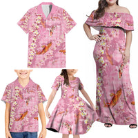 Pink Palaka Hawaiian And Japanese Family Matching Off Shoulder Maxi Dress and Hawaiian Shirt Sakura Lei With Koi Fish - Polynesian Pride