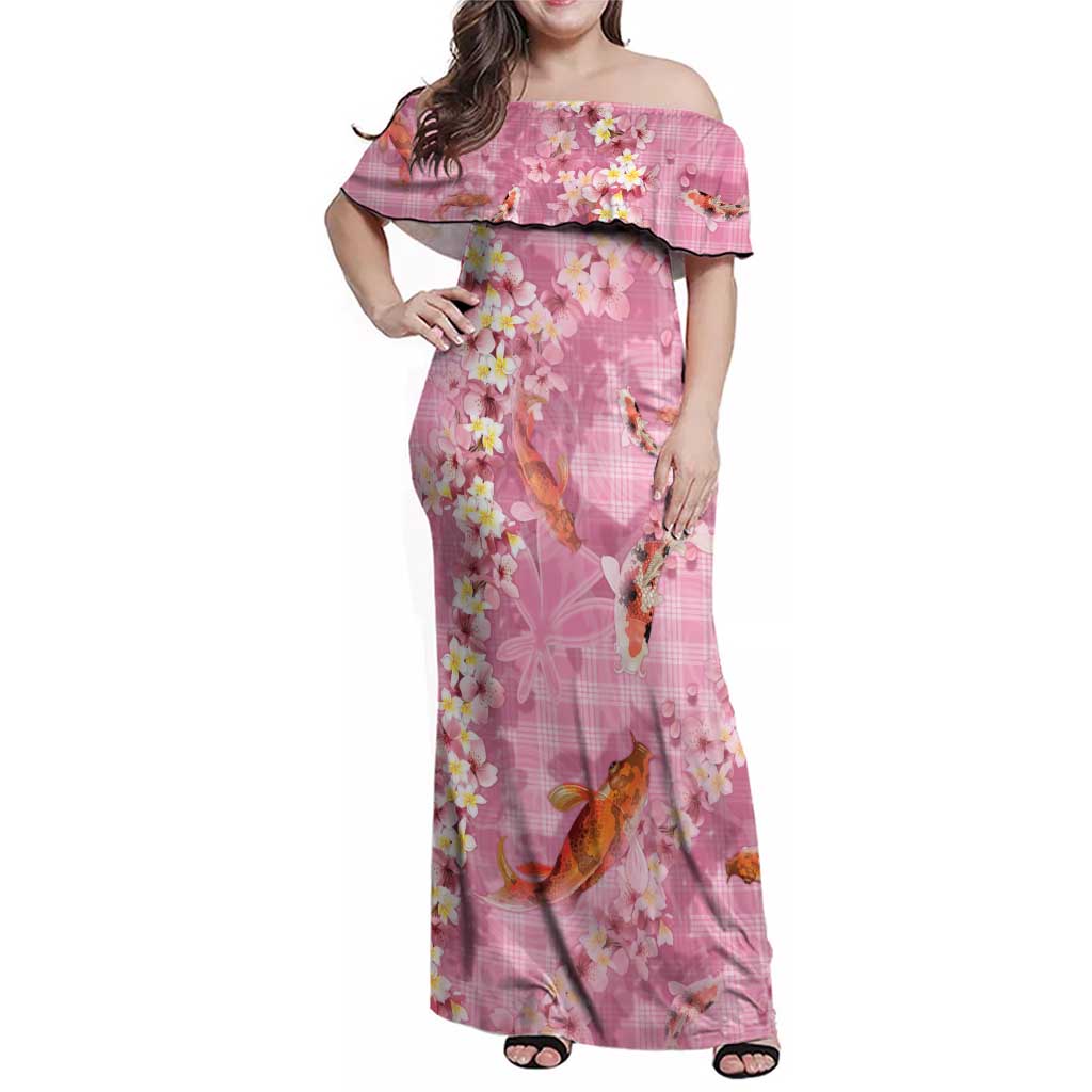 Pink Palaka Hawaiian And Japanese Family Matching Off Shoulder Maxi Dress and Hawaiian Shirt Sakura Lei With Koi Fish - Polynesian Pride