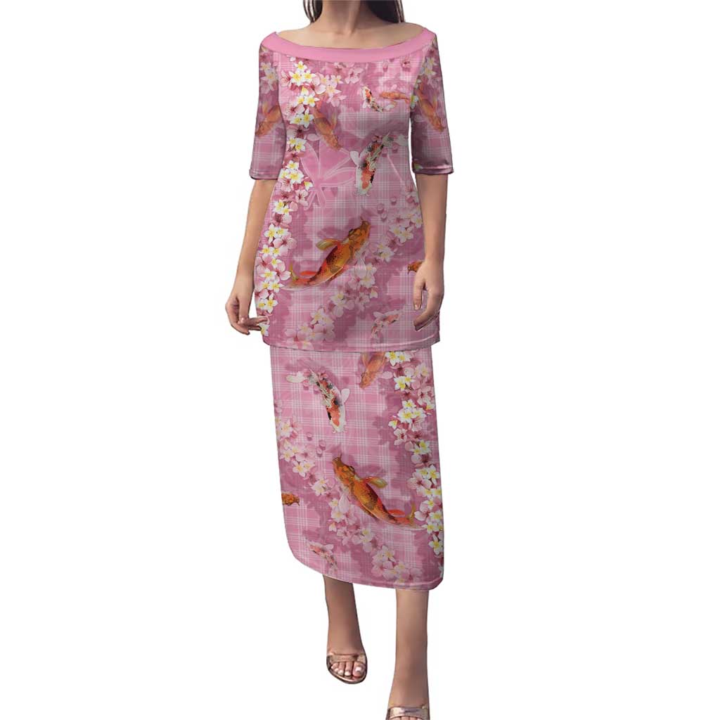 Pink Palaka Hawaiian And Japanese Family Matching Puletasi and Hawaiian Shirt Sakura Lei With Koi Fish - Polynesian Pride