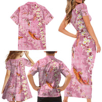 Pink Palaka Hawaiian And Japanese Family Matching Short Sleeve Bodycon Dress and Hawaiian Shirt Sakura Lei With Koi Fish - Polynesian Pride