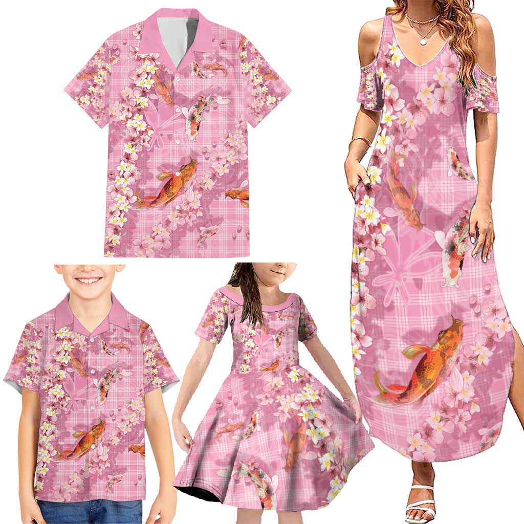 Pink Palaka Hawaiian And Japanese Family Matching Summer Maxi Dress and Hawaiian Shirt Sakura Lei With Koi Fish - Polynesian Pride