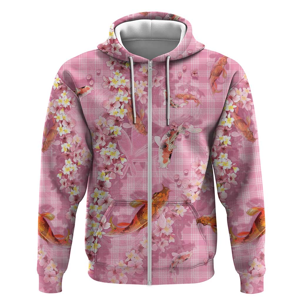 Pink Palaka Hawaiian And Japanese Hoodie Sakura Lei With Koi Fish - Polynesian Pride