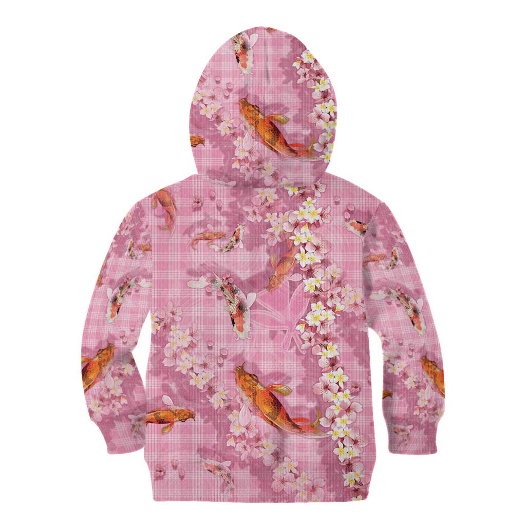 Pink Palaka Hawaiian And Japanese Kid Hoodie Sakura Lei With Koi Fish - Polynesian Pride