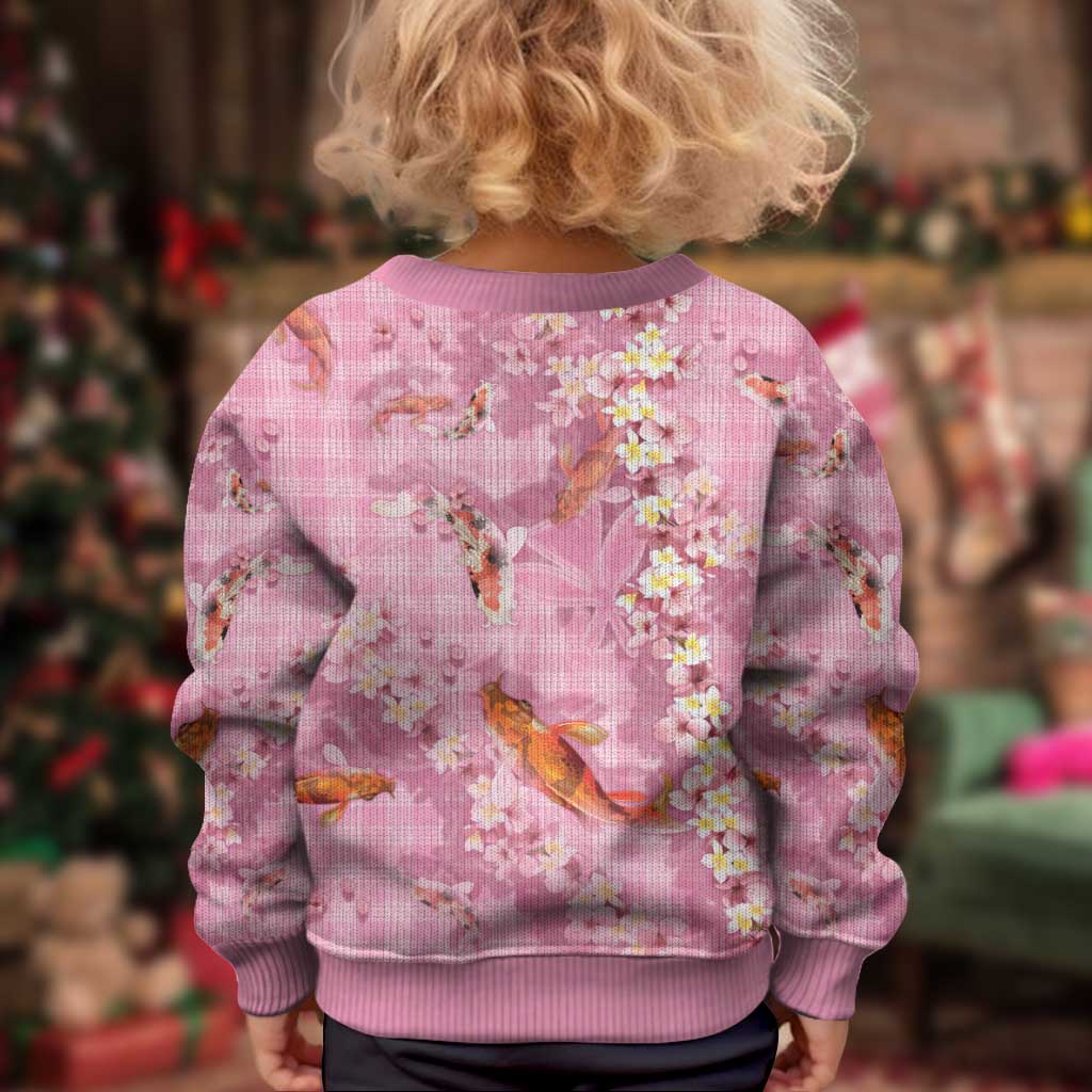 Pink Palaka Hawaiian And Japanese Kid Ugly Christmas Sweater Sakura Lei With Koi Fish - Polynesian Pride