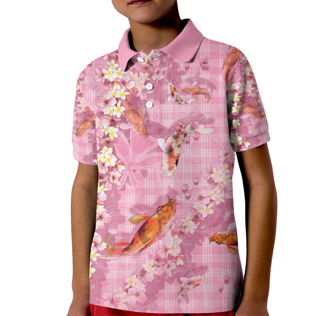 Pink Palaka Hawaiian And Japanese Kid Polo Shirt Sakura Lei With Koi Fish - Polynesian Pride