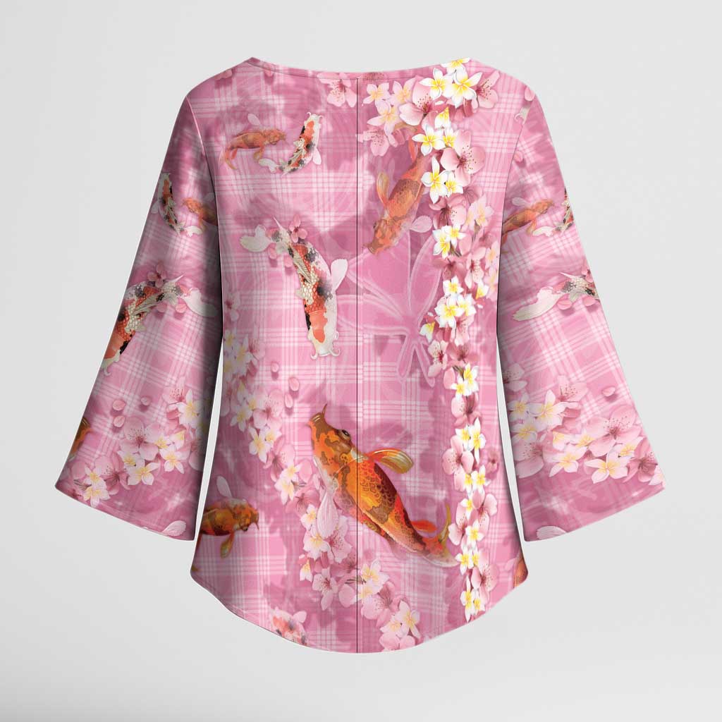 Pink Palaka Hawaiian And Japanese Kimono Sleeve Blouse Sakura Lei With Koi Fish - Polynesian Pride