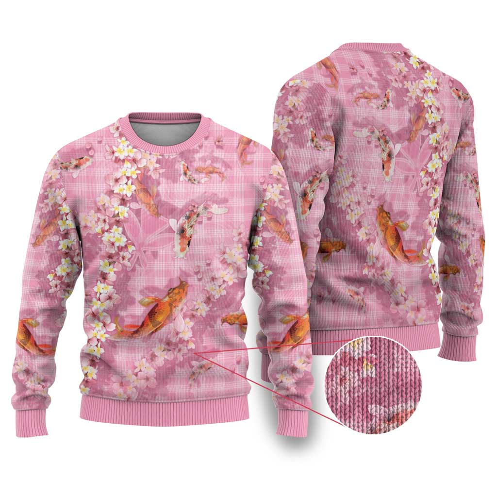 Pink Palaka Hawaiian And Japanese Ugly Christmas Sweater Sakura Lei With Koi Fish - Polynesian Pride