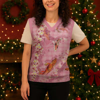 Pink Palaka Hawaiian And Japanese Christmas Knitted V-Neck Vest Sakura Lei With Koi Fish - Polynesian Pride