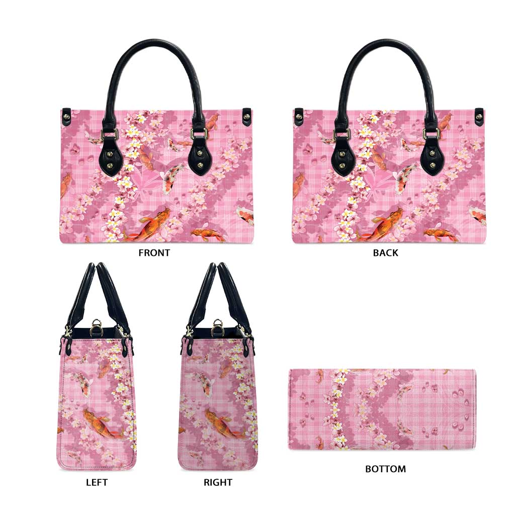 Pink Palaka Hawaiian And Japanese Leather Bag Sakura Lei With Koi Fish - Polynesian Pride
