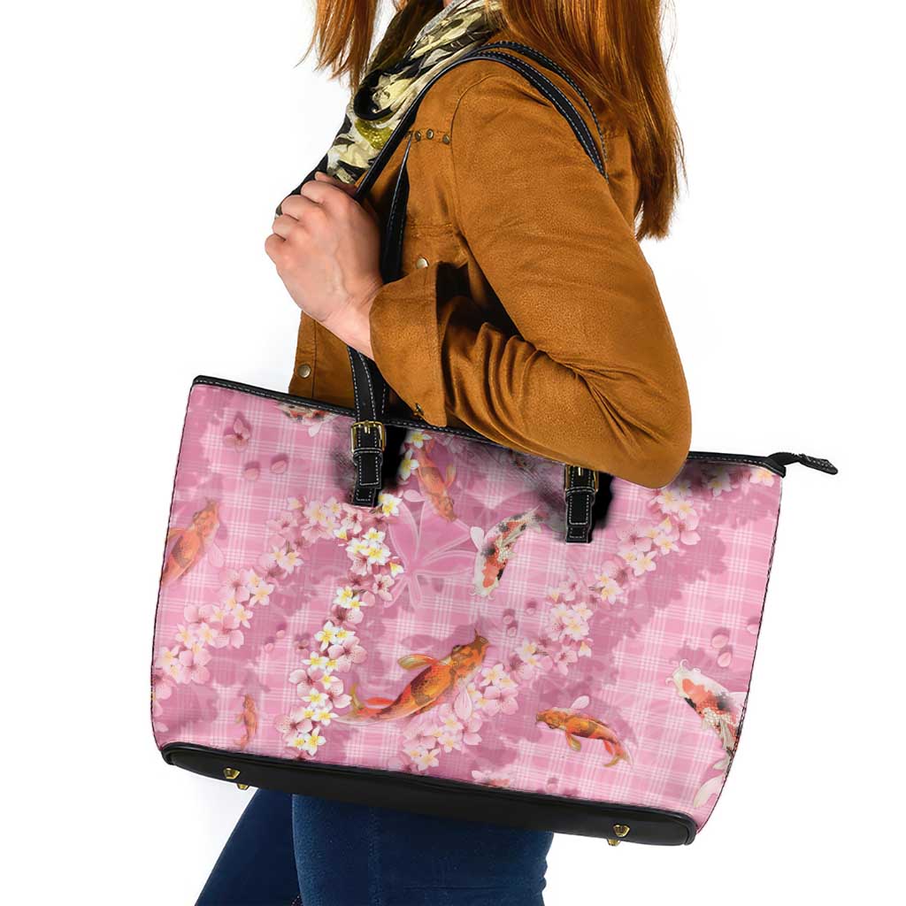 Pink Palaka Hawaiian And Japanese Leather Tote Bag Sakura Lei With Koi Fish - Polynesian Pride
