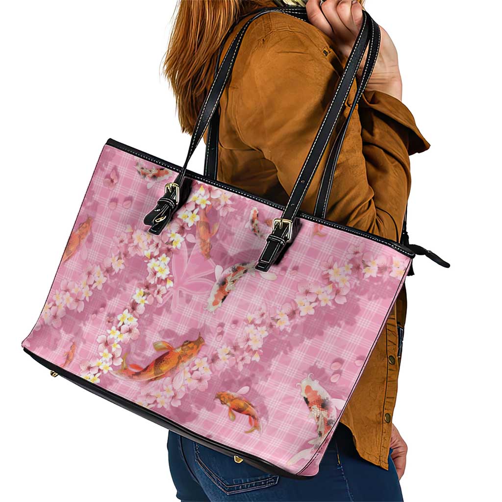 Pink Palaka Hawaiian And Japanese Leather Tote Bag Sakura Lei With Koi Fish - Polynesian Pride