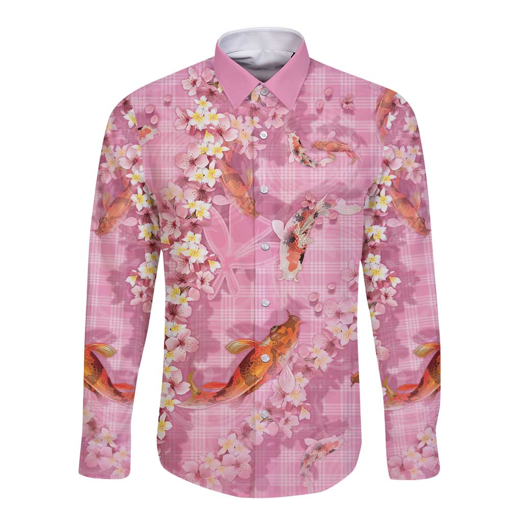 Pink Palaka Hawaiian And Japanese Long Sleeve Button Shirt Sakura Lei With Koi Fish - Polynesian Pride