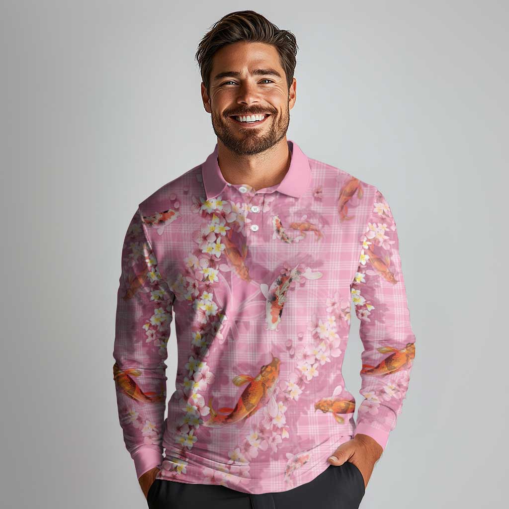 Pink Palaka Hawaiian And Japanese Long Sleeve Polo Shirt Sakura Lei With Koi Fish - Polynesian Pride