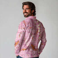 Pink Palaka Hawaiian And Japanese Long Sleeve Polo Shirt Sakura Lei With Koi Fish - Polynesian Pride