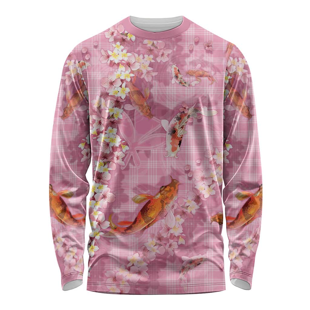 Pink Palaka Hawaiian And Japanese Long Sleeve Shirt Sakura Lei With Koi Fish - Polynesian Pride