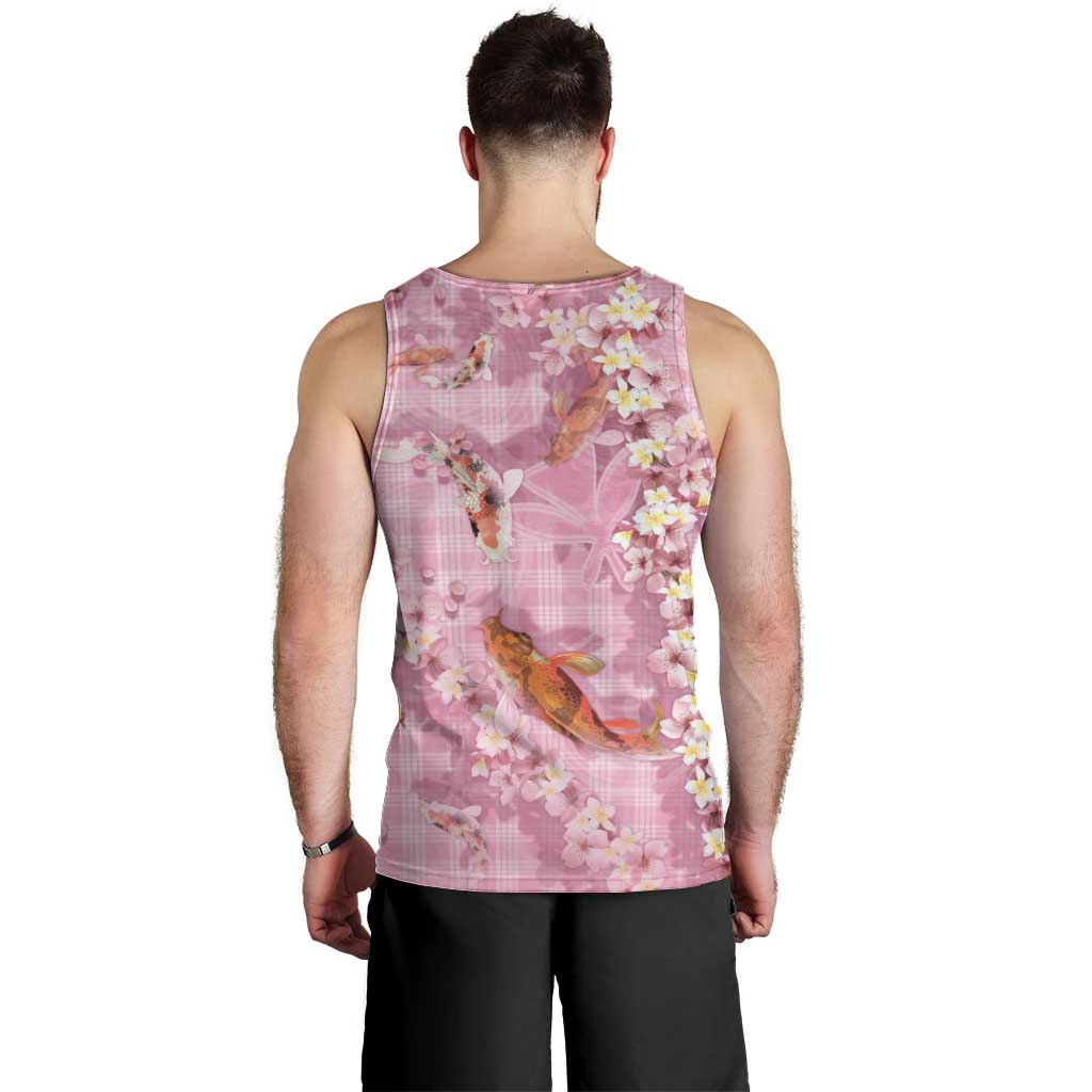 Pink Palaka Hawaiian And Japanese Men Tank Top Sakura Lei With Koi Fish - Polynesian Pride