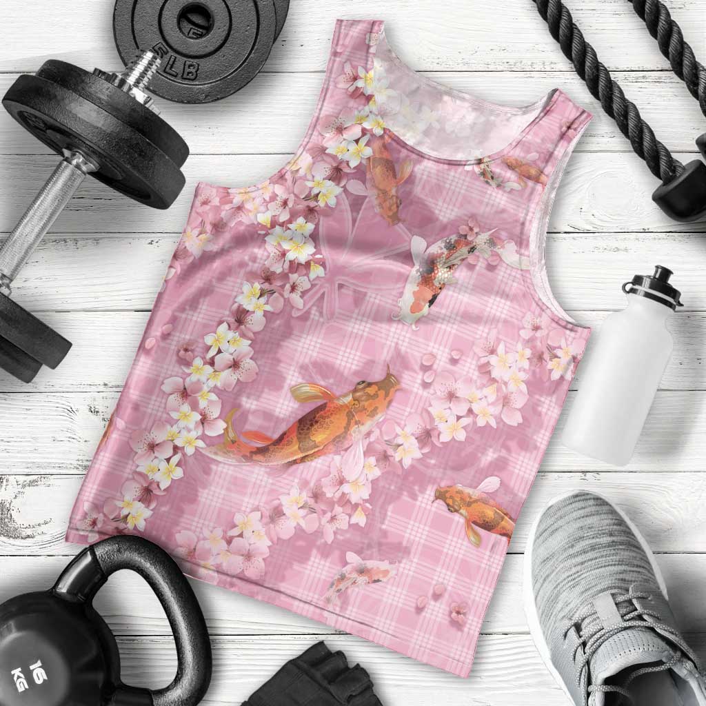 Pink Palaka Hawaiian And Japanese Men Tank Top Sakura Lei With Koi Fish - Polynesian Pride