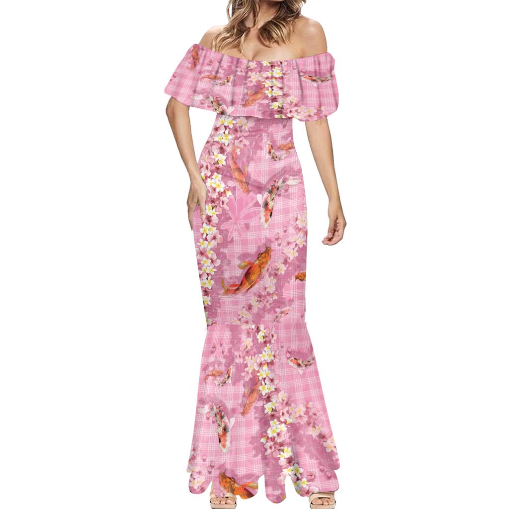 Pink Palaka Hawaiian And Japanese Mermaid Dress Sakura Lei With Koi Fish - Polynesian Pride