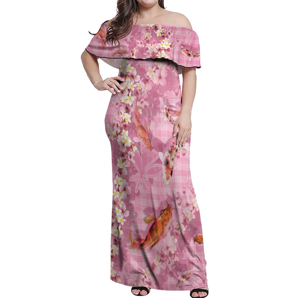 Pink Palaka Hawaiian And Japanese Off Shoulder Maxi Dress Sakura Lei With Koi Fish - Polynesian Pride