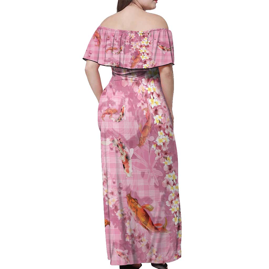 Pink Palaka Hawaiian And Japanese Off Shoulder Maxi Dress Sakura Lei With Koi Fish - Polynesian Pride