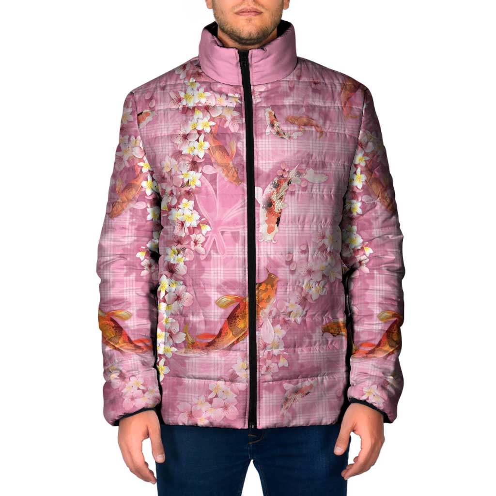 Pink Palaka Hawaiian And Japanese Padded Jacket Sakura Lei With Koi Fish - Polynesian Pride