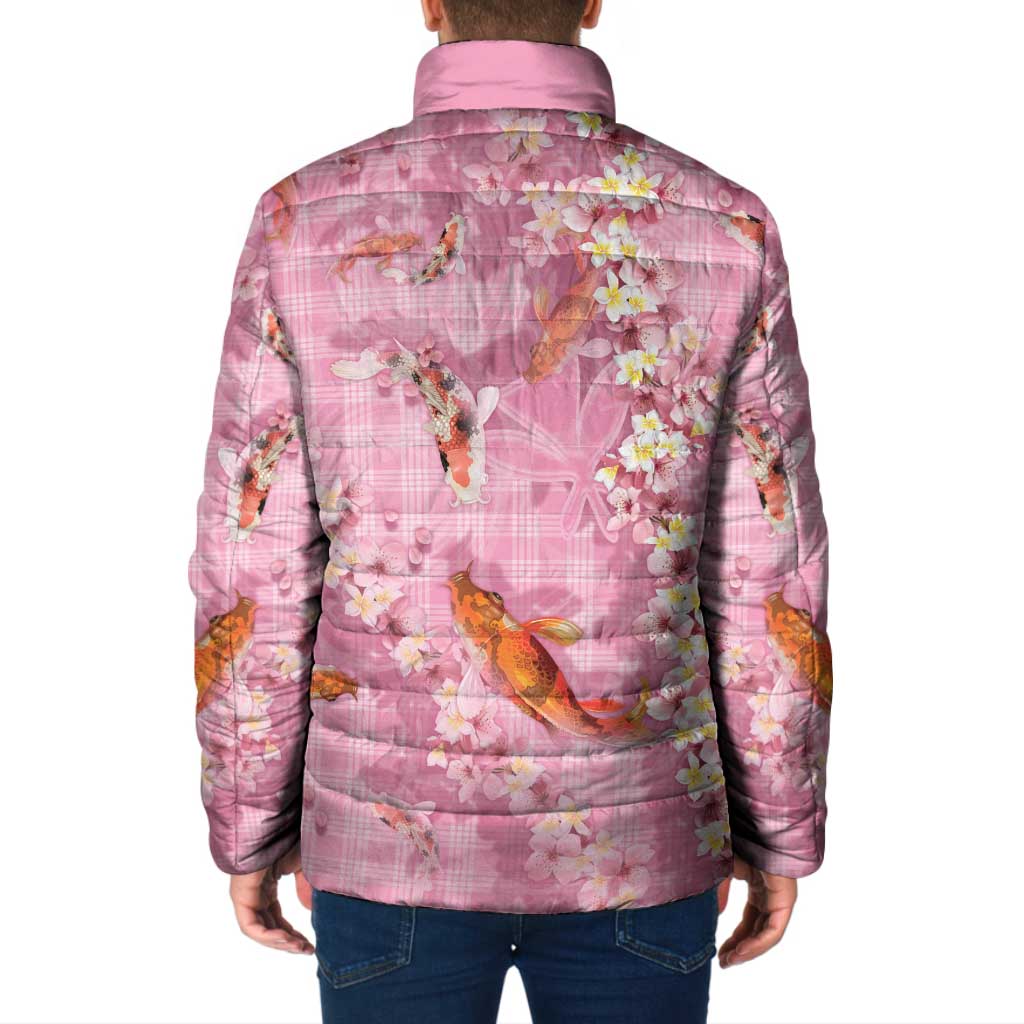 Pink Palaka Hawaiian And Japanese Padded Jacket Sakura Lei With Koi Fish - Polynesian Pride