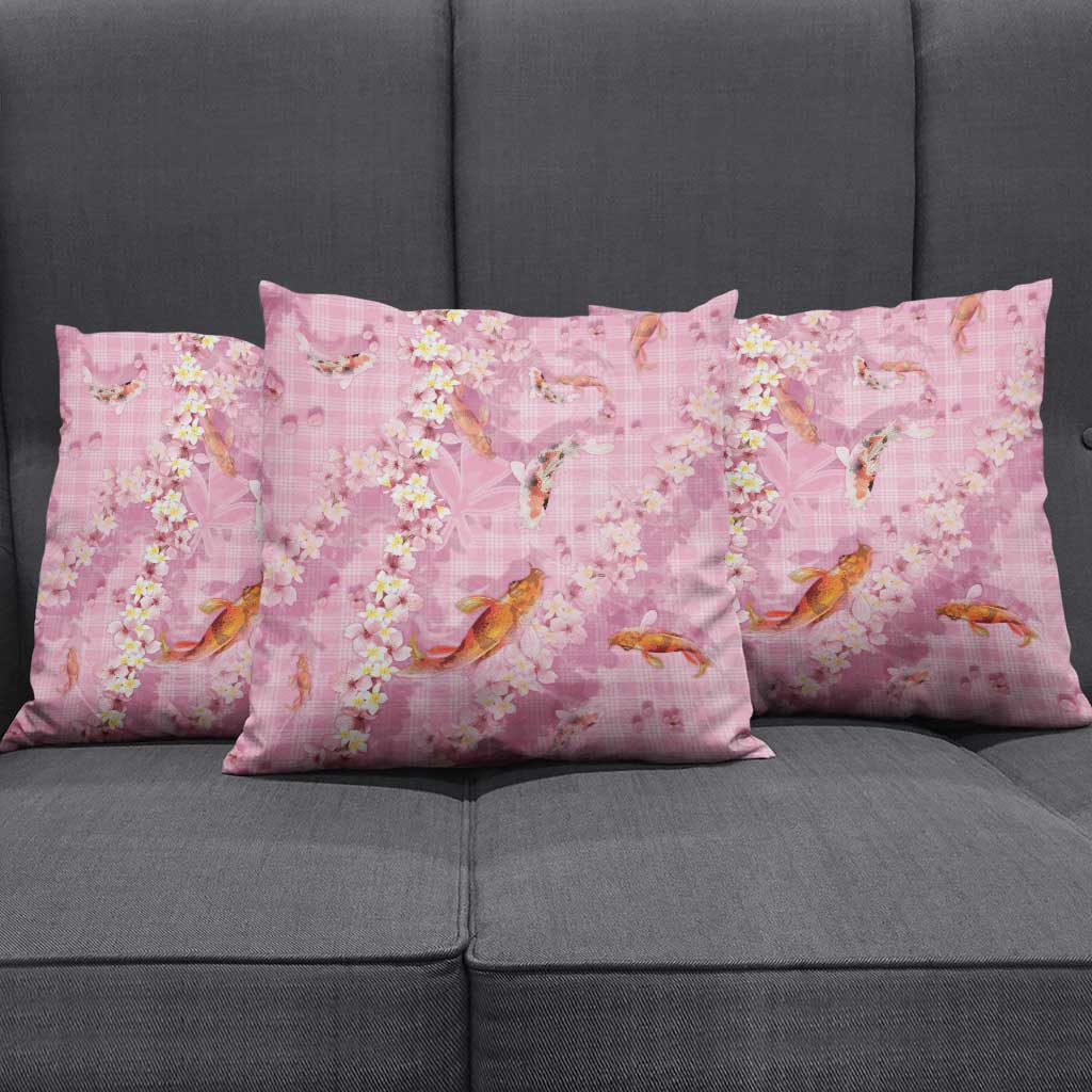 Pink Palaka Hawaiian And Japanese Pillow Cover Sakura Lei With Koi Fish - Polynesian Pride