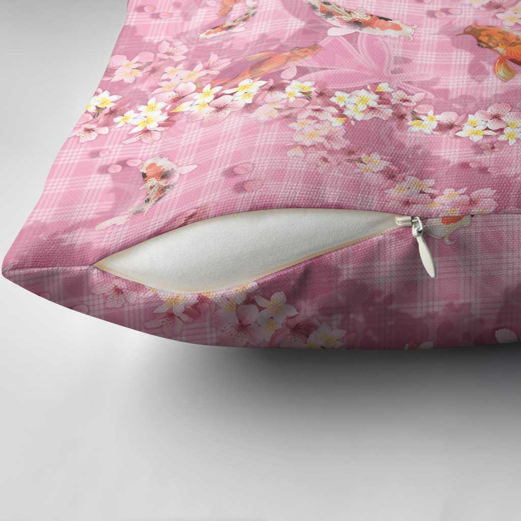 Pink Palaka Hawaiian And Japanese Pillow Cover Sakura Lei With Koi Fish - Polynesian Pride