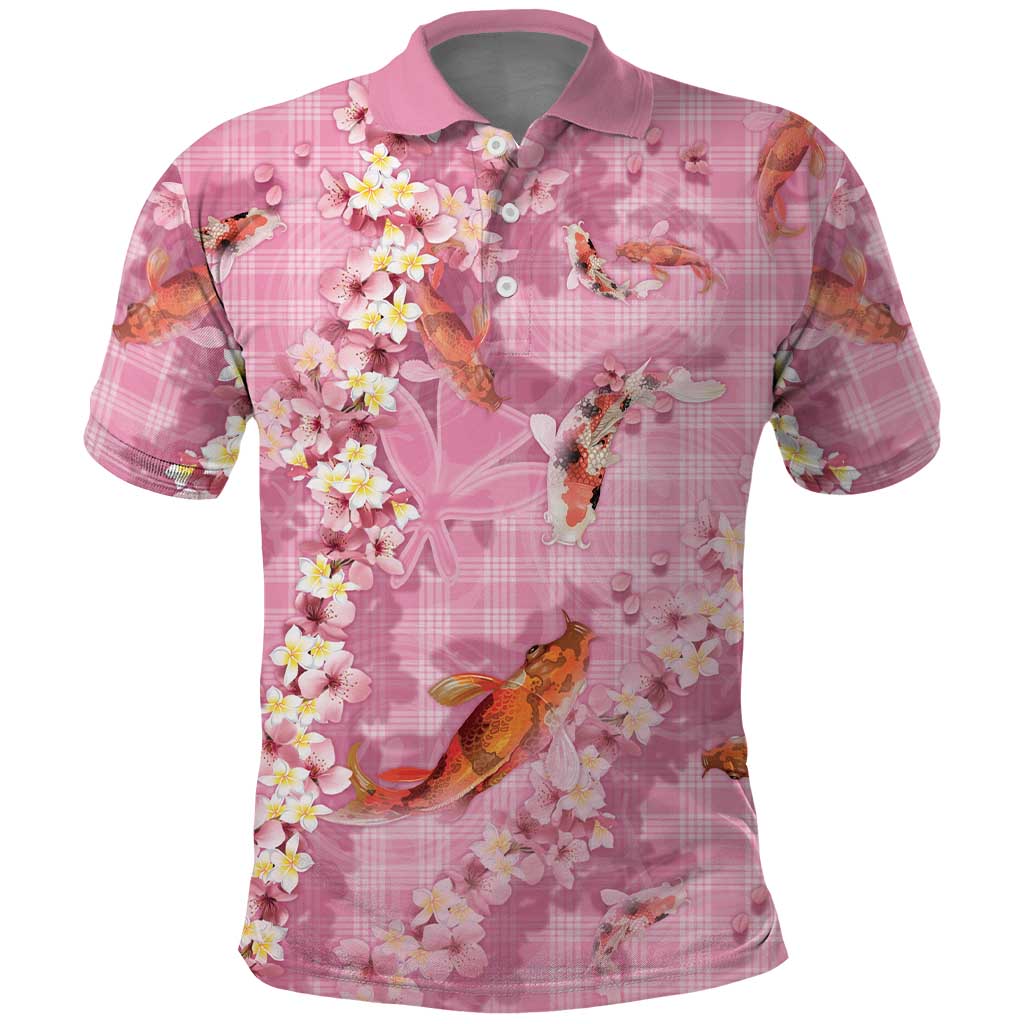 Pink Palaka Hawaiian And Japanese Polo Shirt Sakura Lei With Koi Fish - Polynesian Pride