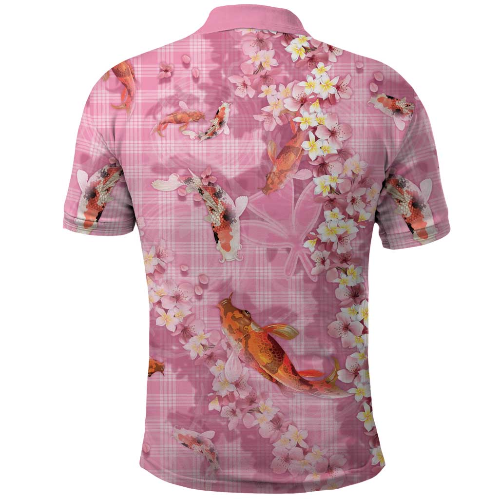 Pink Palaka Hawaiian And Japanese Polo Shirt Sakura Lei With Koi Fish - Polynesian Pride
