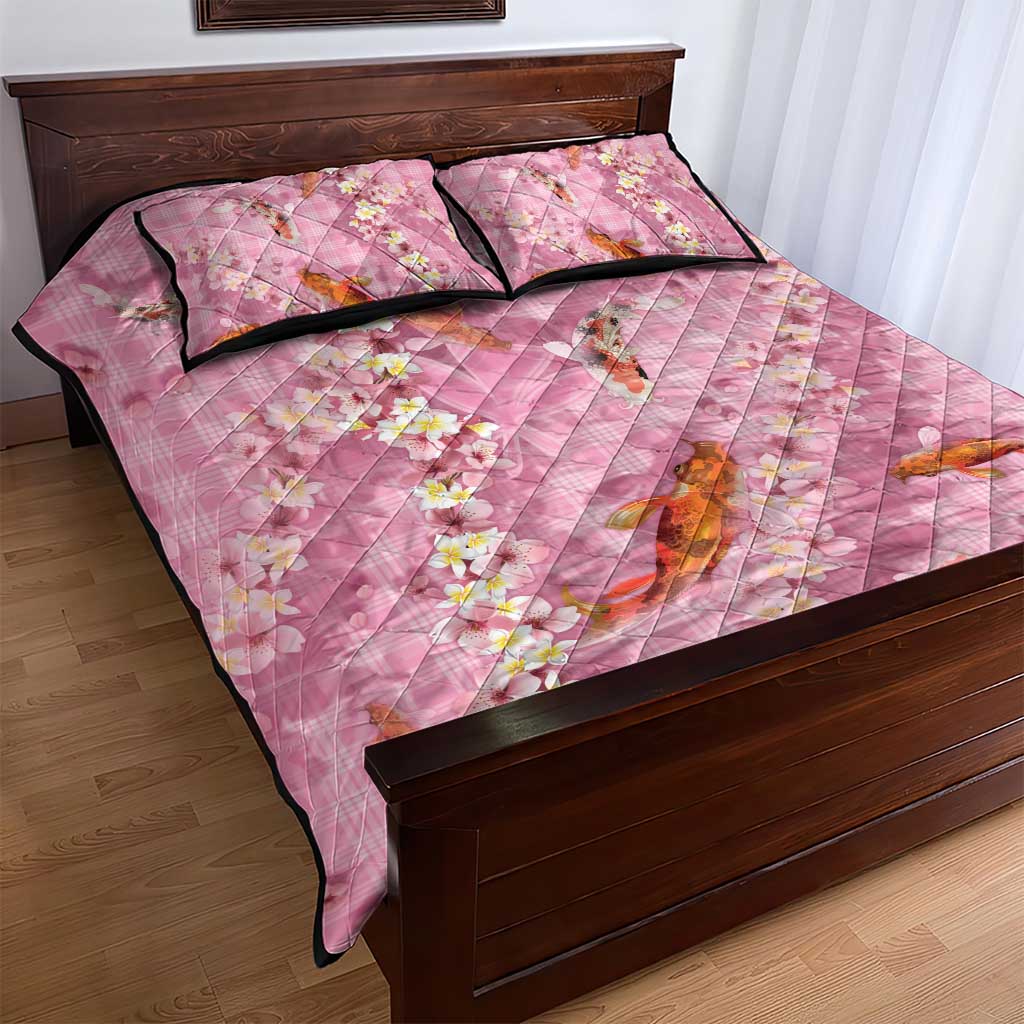 Pink Palaka Hawaiian And Japanese Quilt Bed Set Sakura Lei With Koi Fish - Polynesian Pride
