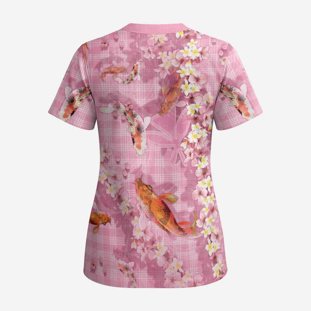 Pink Palaka Hawaiian And Japanese Scrub Top Sakura Lei With Koi Fish - Polynesian Pride