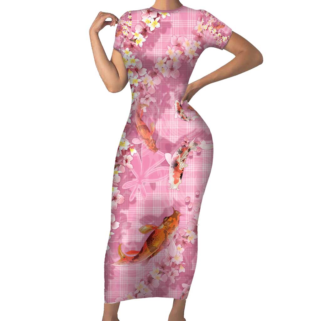 Pink Palaka Hawaiian And Japanese Short Sleeve Bodycon Dress Sakura Lei With Koi Fish - Polynesian Pride
