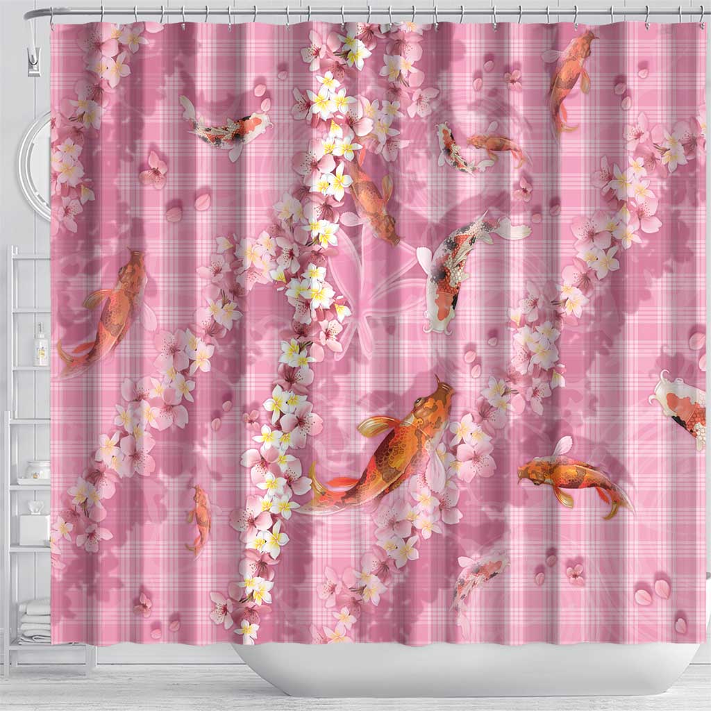 Pink Palaka Hawaiian And Japanese Shower Curtain Sakura Lei With Koi Fish - Polynesian Pride