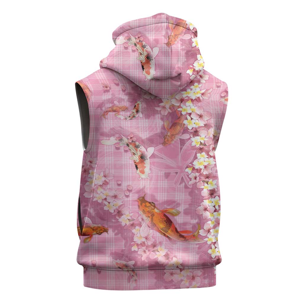 Pink Palaka Hawaiian And Japanese Sleeveless Hoodie Sakura Lei With Koi Fish - Polynesian Pride