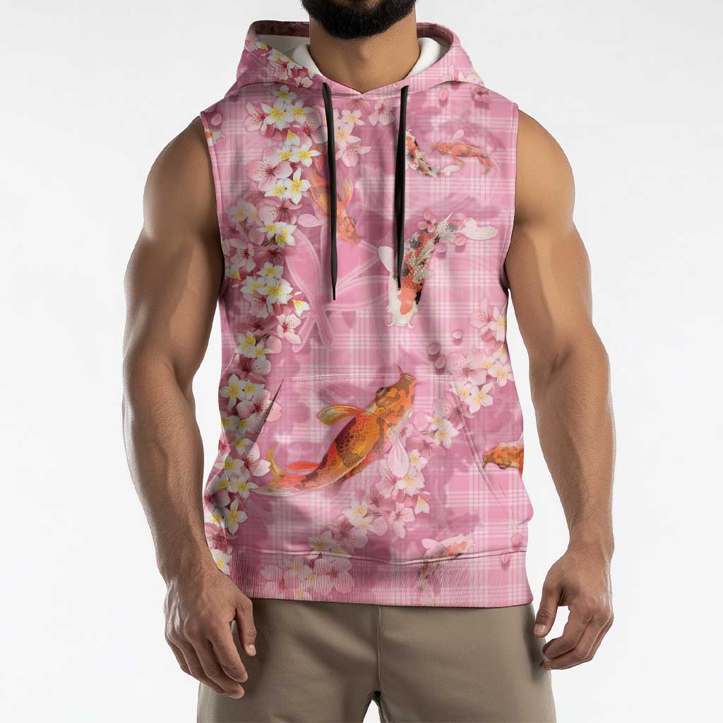 Pink Palaka Hawaiian And Japanese Sleeveless Hoodie Sakura Lei With Koi Fish - Polynesian Pride