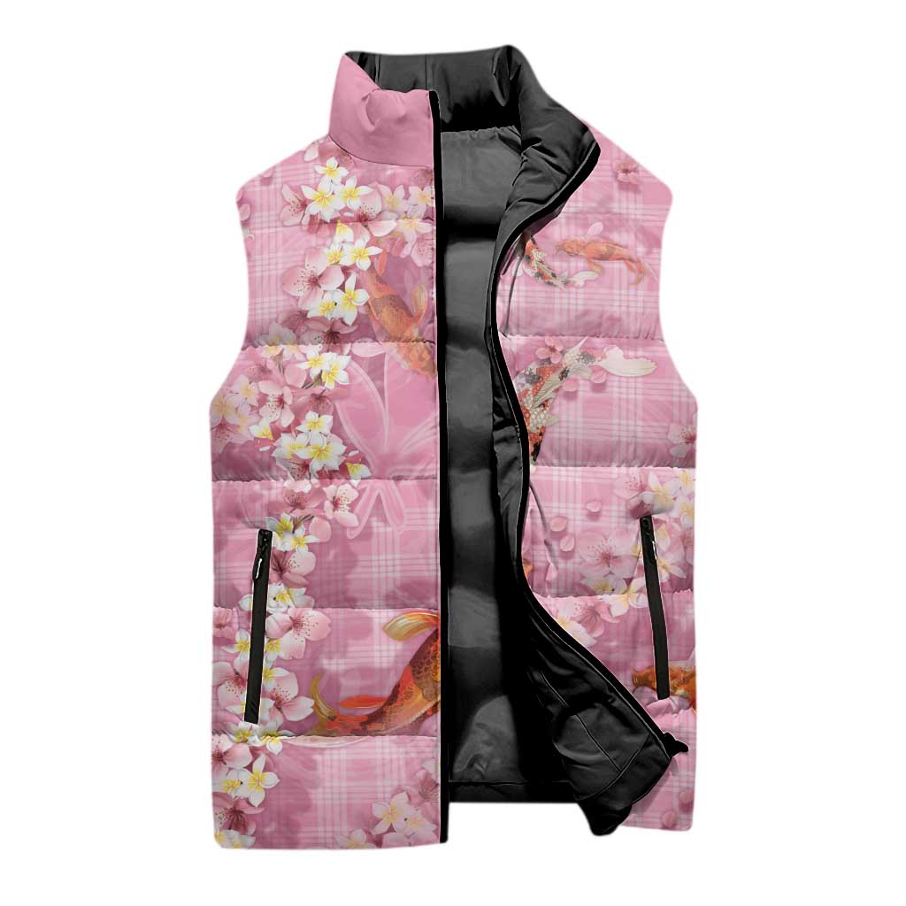 Pink Palaka Hawaiian And Japanese Sleeveless Puffer Jacket Sakura Lei With Koi Fish - Polynesian Pride