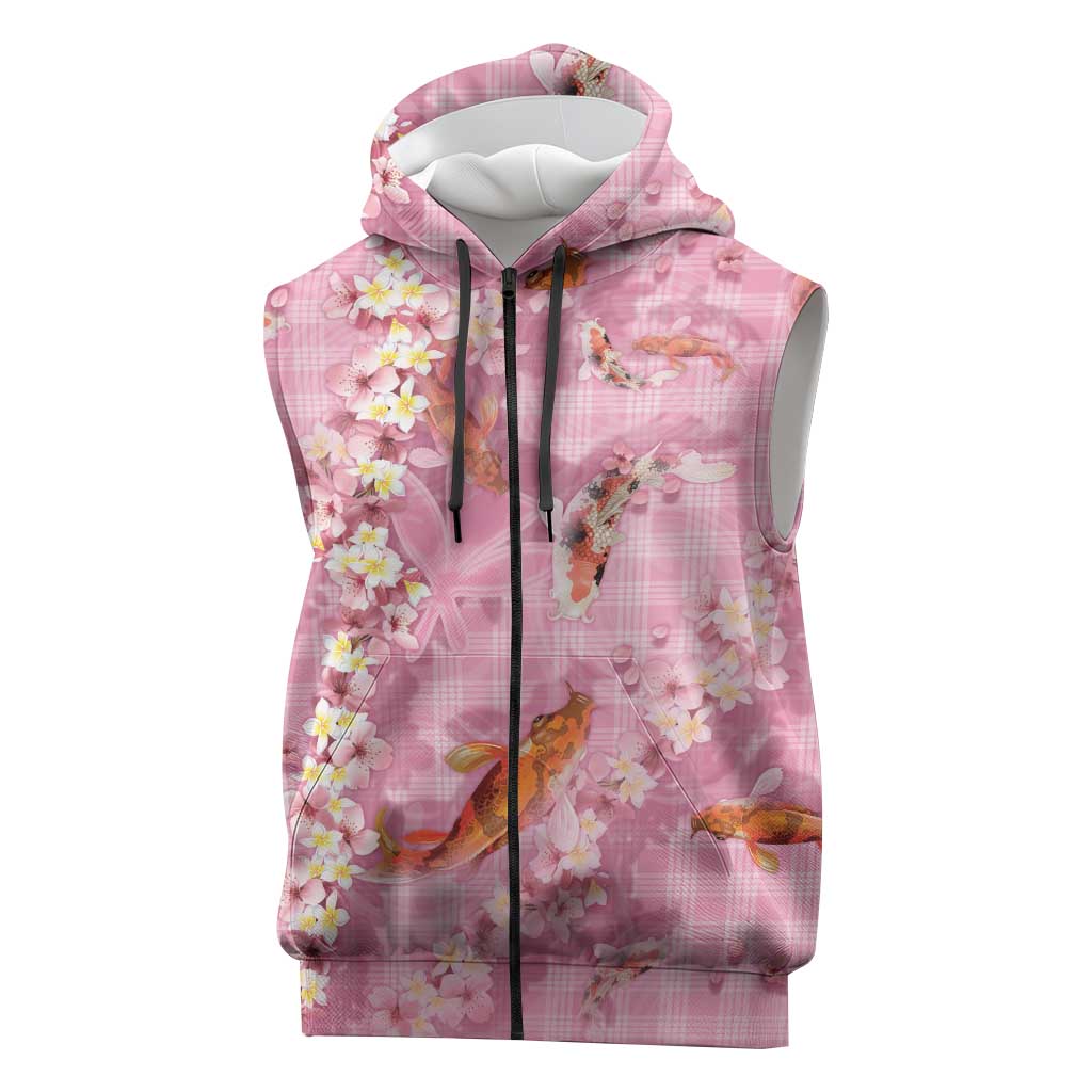 Pink Palaka Hawaiian And Japanese Sleeveless Zip Hoodie Sakura Lei With Koi Fish - Polynesian Pride