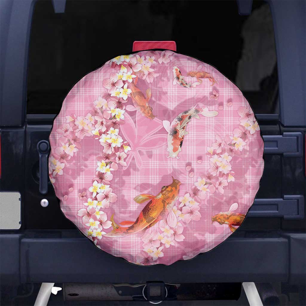 Pink Palaka Hawaiian And Japanese Spare Tire Cover Sakura Lei With Koi Fish - Polynesian Pride