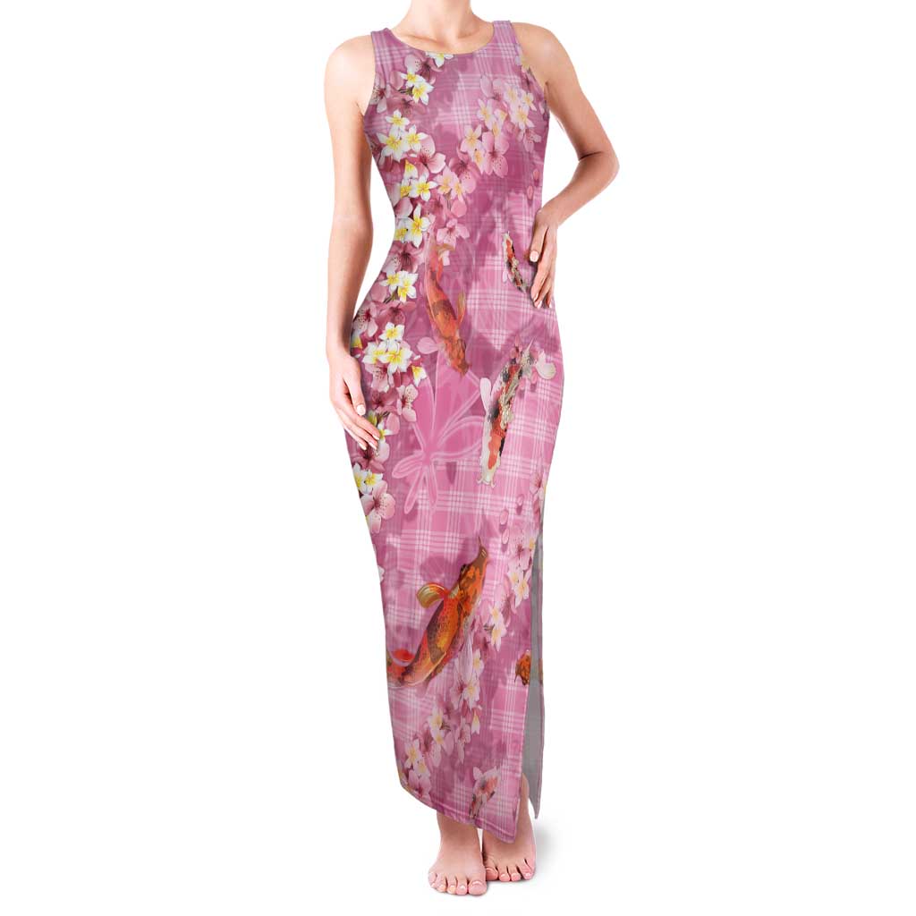 Pink Palaka Hawaiian And Japanese Tank Maxi Dress Sakura Lei With Koi Fish - Polynesian Pride