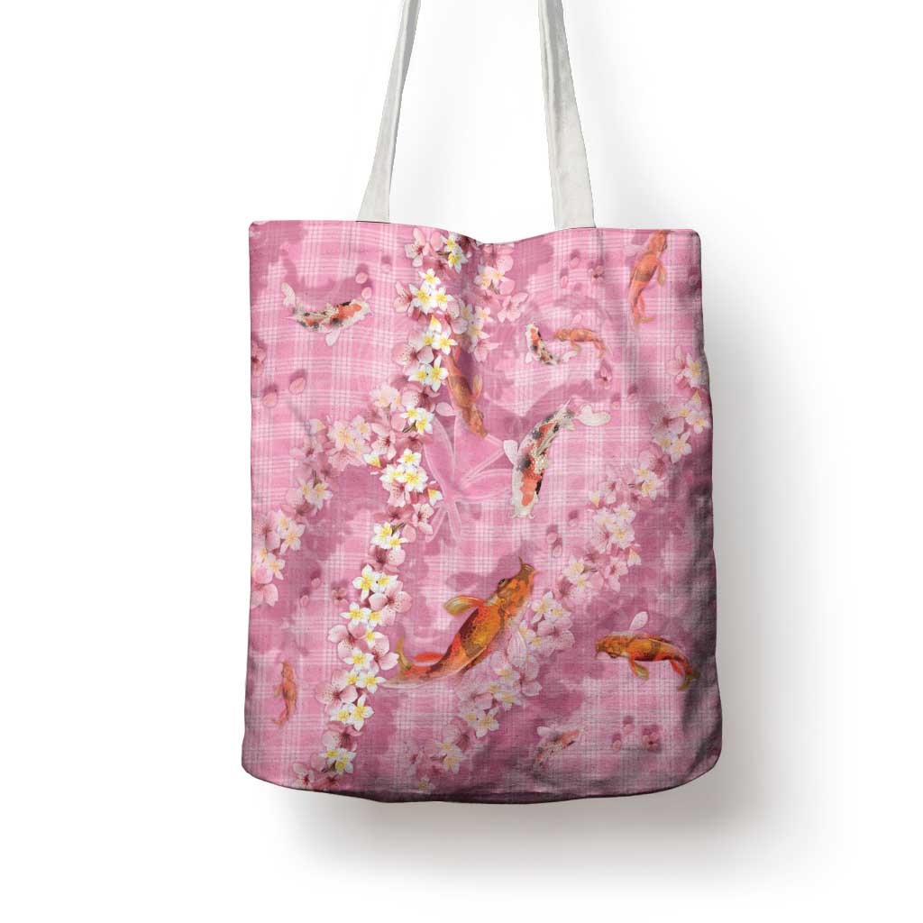 Pink Palaka Hawaiian And Japanese Tote Bag Sakura Lei With Koi Fish - Polynesian Pride