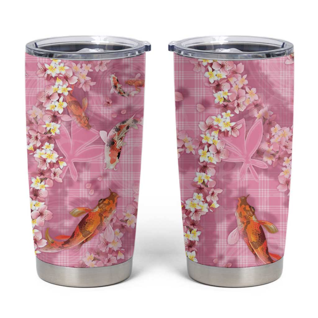 Pink Palaka Hawaiian And Japanese Tumbler Cup Sakura Lei With Koi Fish - Polynesian Pride