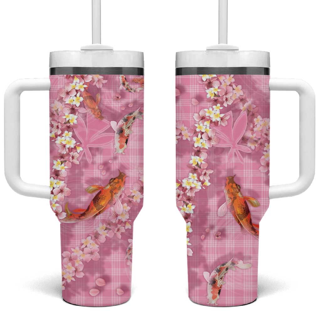 Pink Palaka Hawaiian And Japanese Tumbler With Handle Sakura Lei With Koi Fish - Polynesian Pride