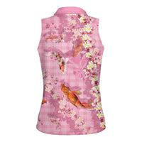 Pink Palaka Hawaiian And Japanese Women Sleeveless Polo Shirt Sakura Lei With Koi Fish - Polynesian Pride