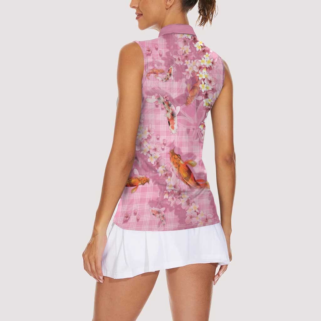 Pink Palaka Hawaiian And Japanese Women Sleeveless Polo Shirt Sakura Lei With Koi Fish - Polynesian Pride